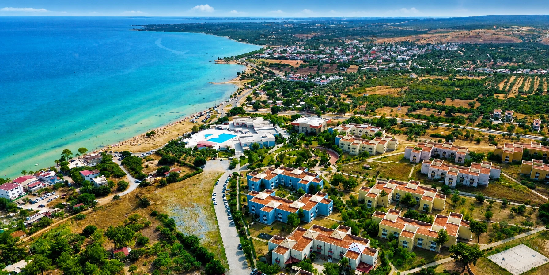 Akbuk Bay turquoise Aegean waters and green hills near Didim Turkey