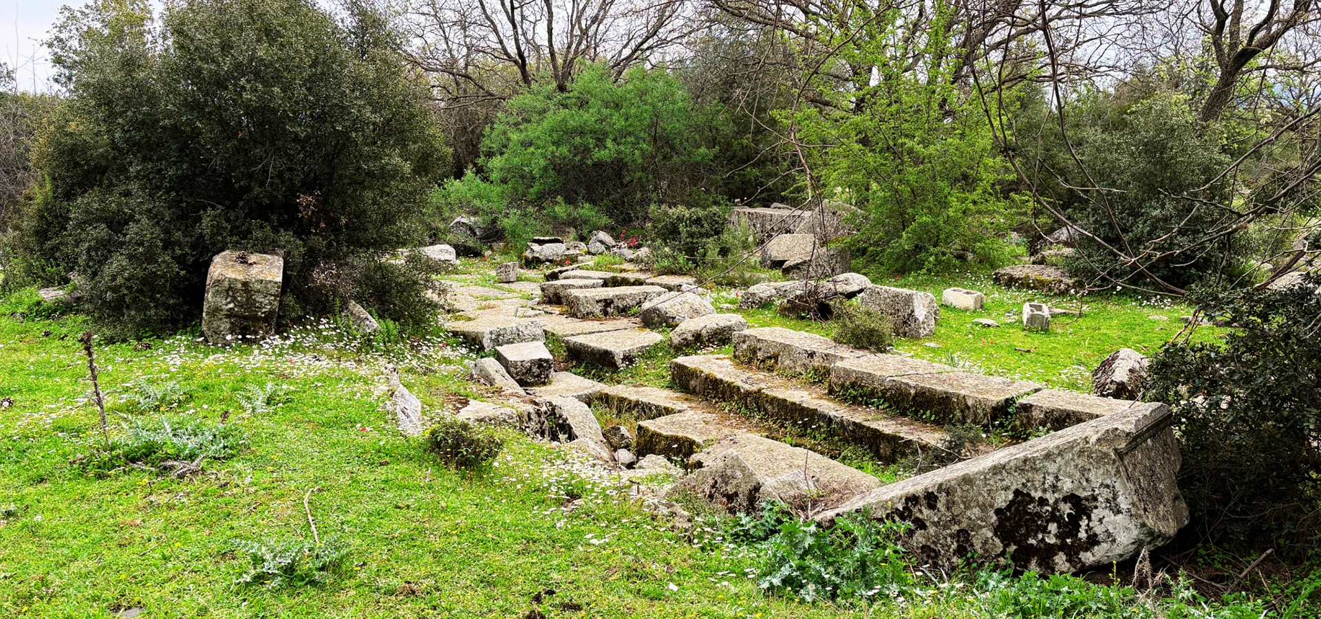 Monumental ancient stone terrace and sanctuary ruins at Amyzon near Kocarli Aydin Turkey