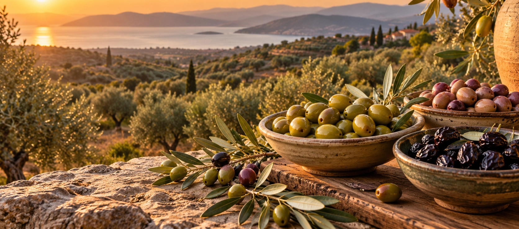 Traditional green, pink and black Aydın Memecik table olives displayed in a rustic Aegean agricultural setting