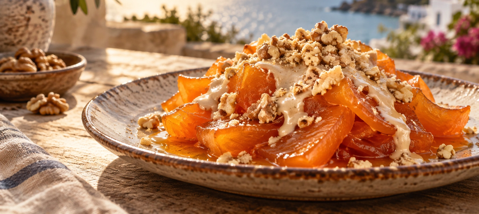 Traditional Aydın pumpkin dessert served with walnuts