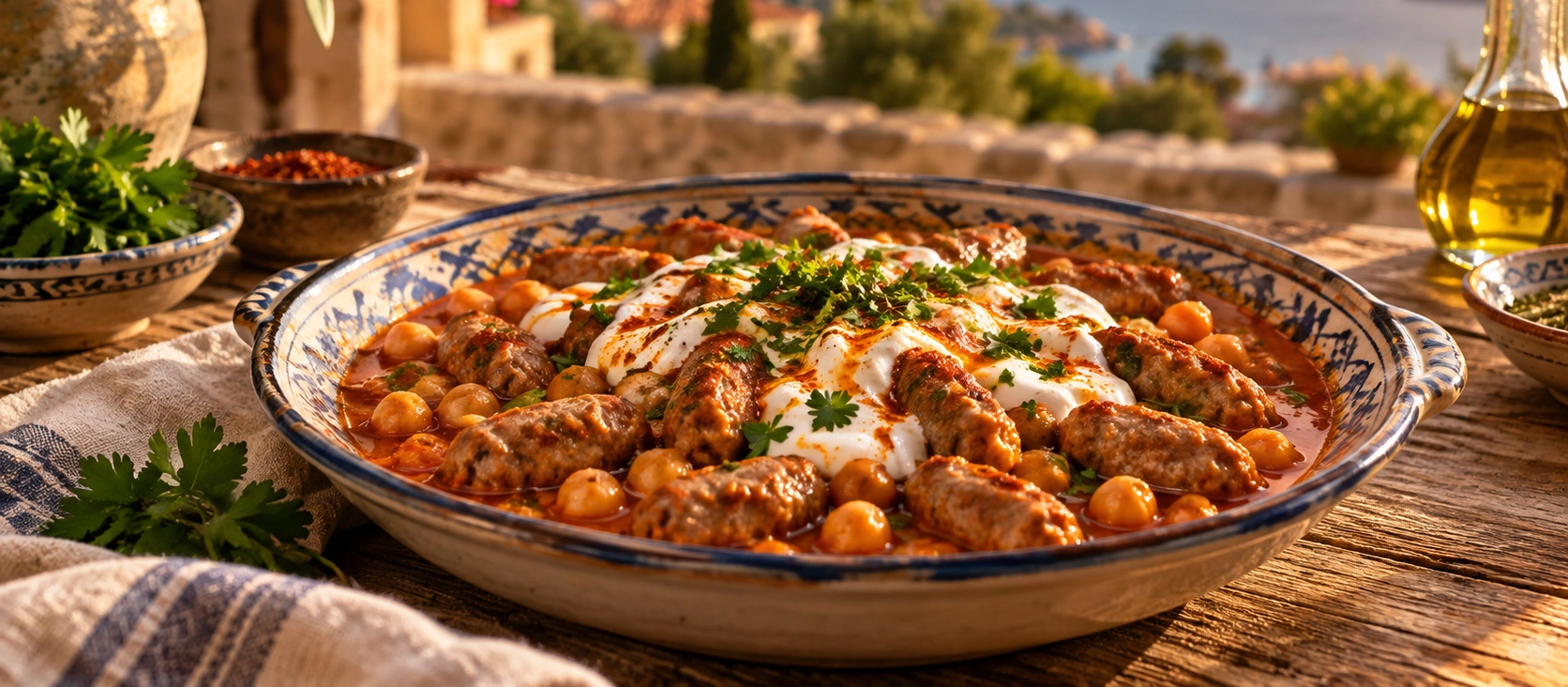 Traditional Aydın Yuvarlaması with handmade meatball pieces, savory sauce and strained yogurt