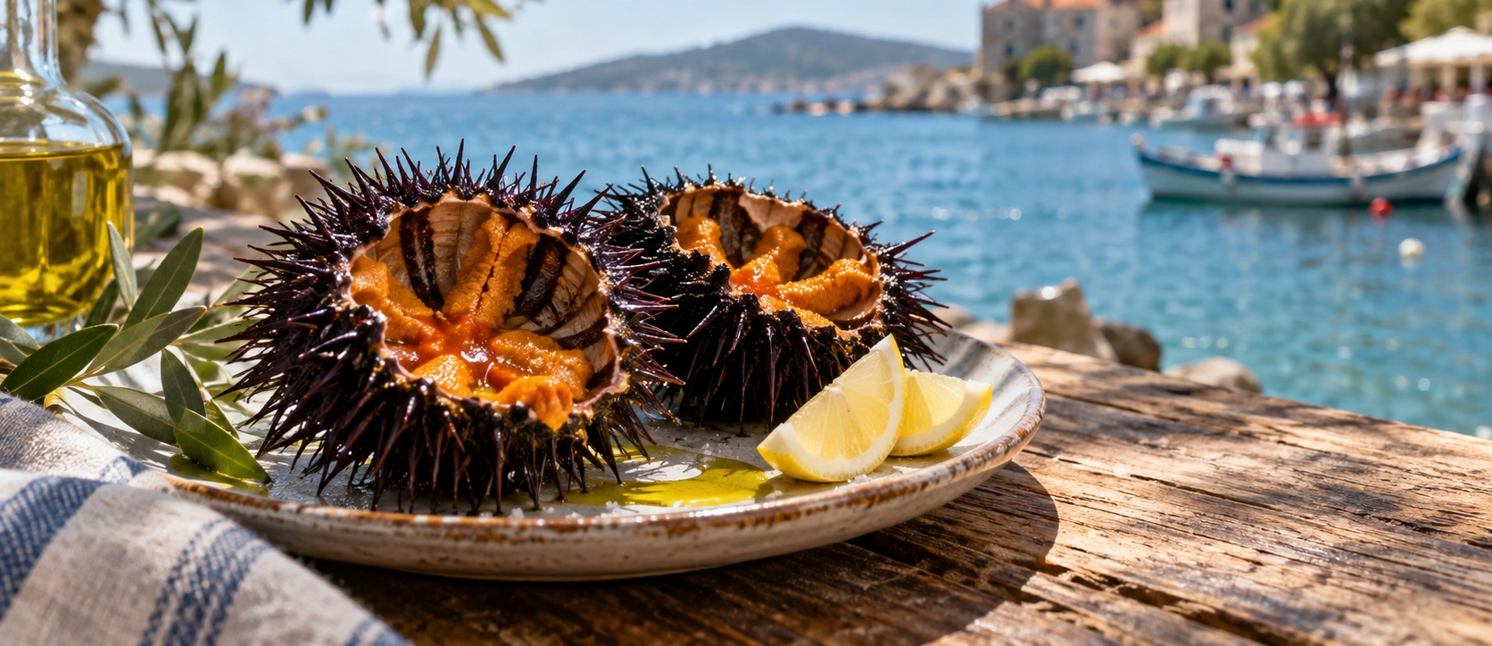 Traditional Ayvalık Karadikeni sea urchin meze with olive oil and lemon