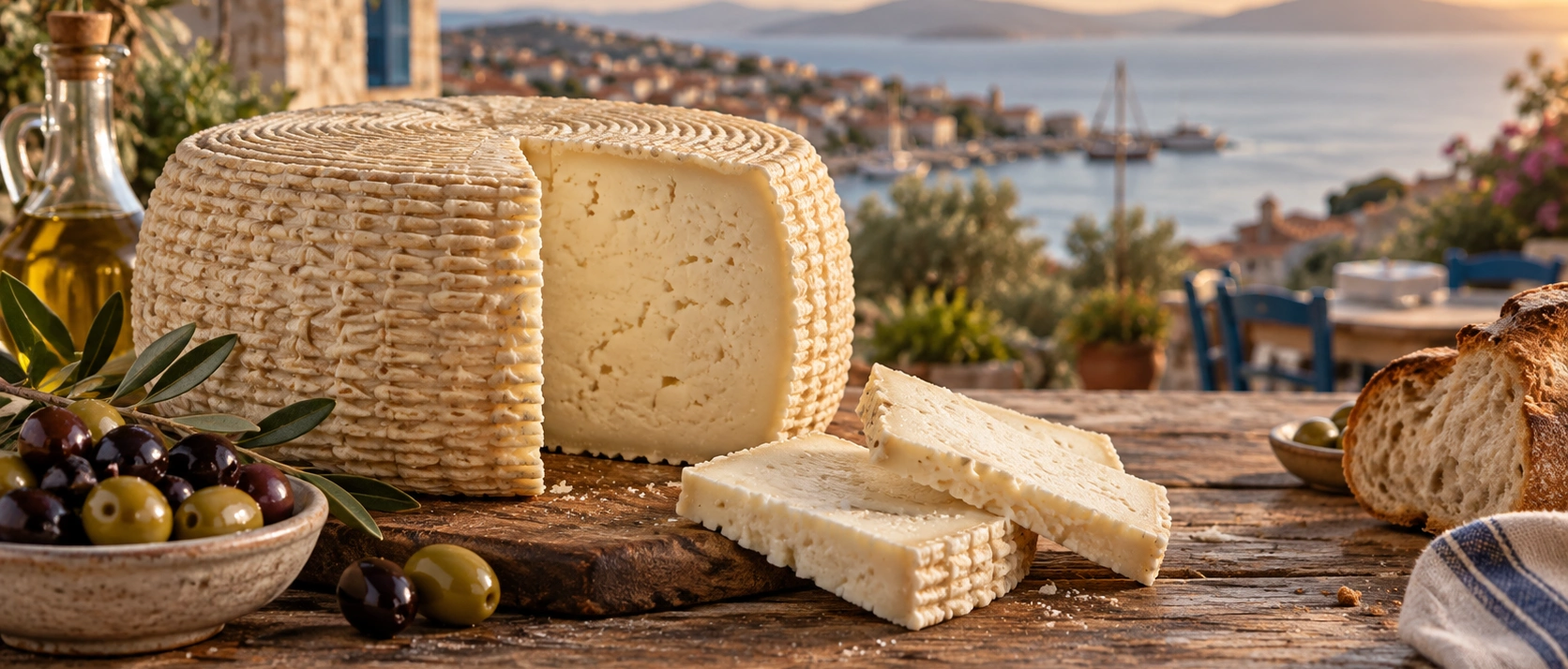 Traditional Ayvalık Kelle Peyniri or Ayvalık Sepet Peyniri with characteristic basket-shaped exterior