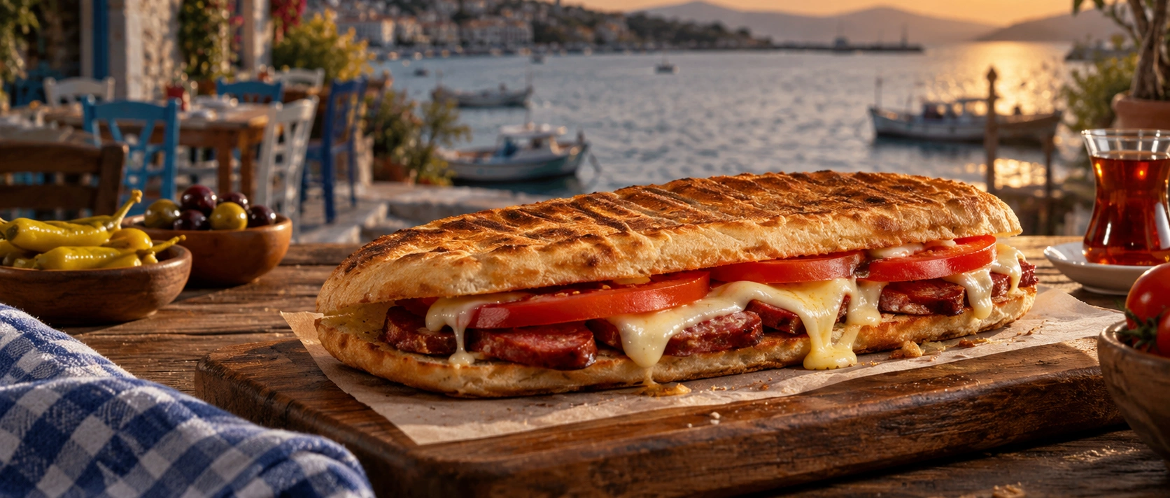 Traditional Ayvalık Tostu with crisp special bread, sucuk, melted cheese and tomato