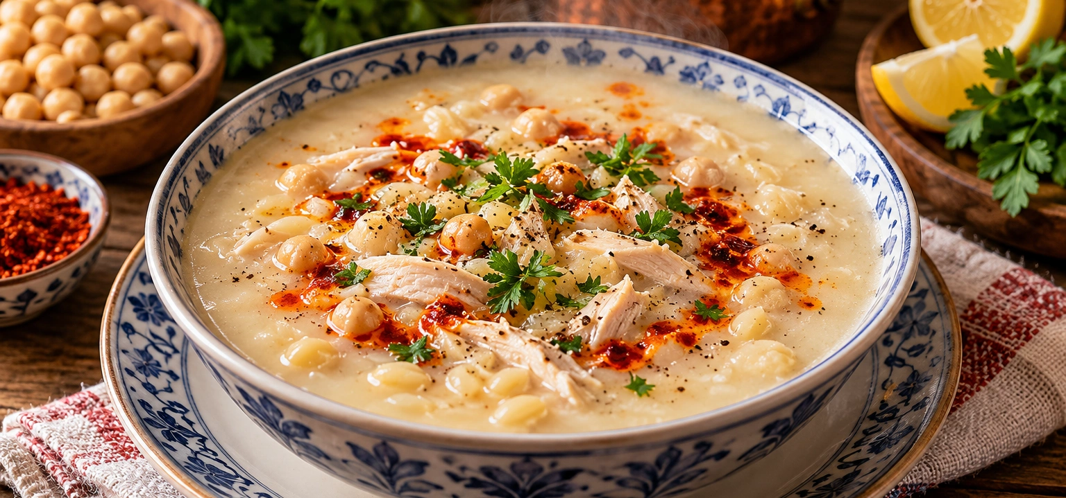 Traditional Balıkesir Düğün Çorbası served with red pepper butter and herbs