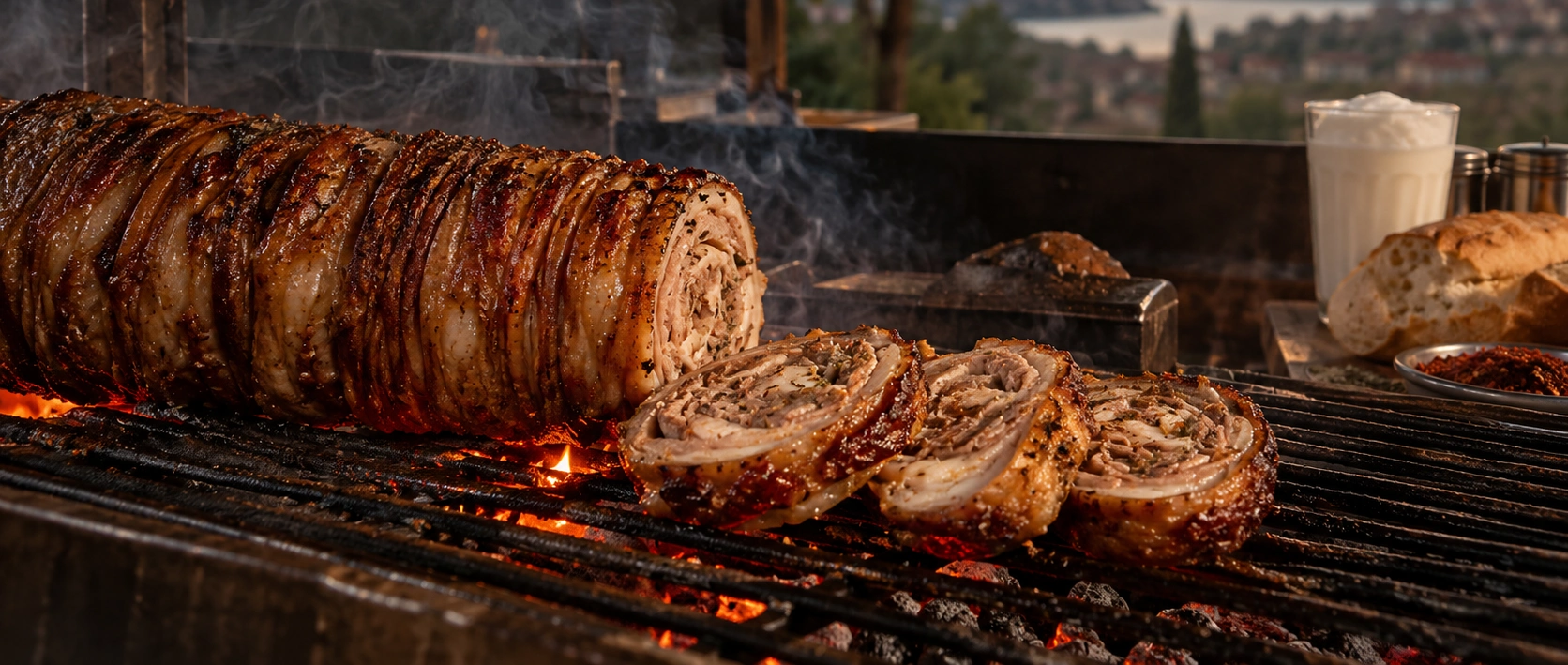 Traditional Balıkesir Göbel lamb kokoreç grilled and served in Susurluk