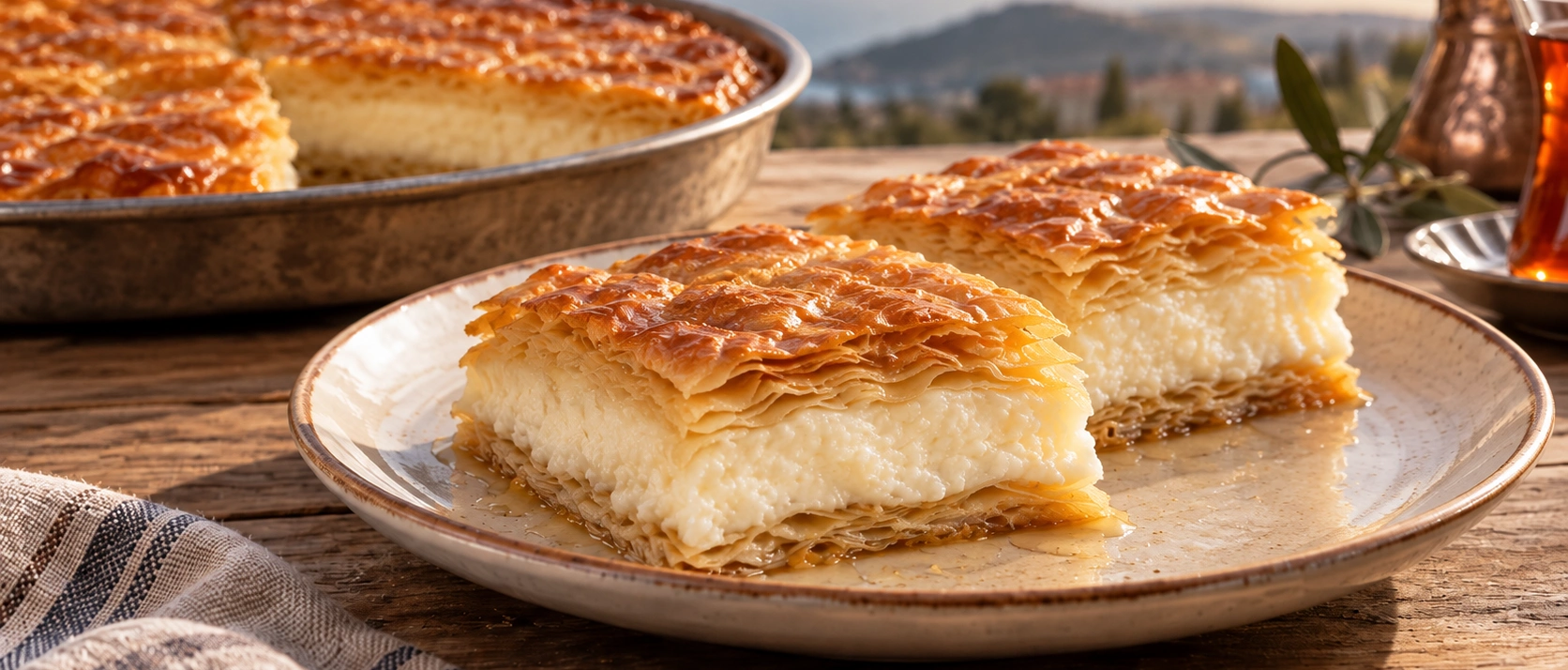 Traditional Balıkesir Kaymaklısı with layered yufka, buffalo kaymak and syrup