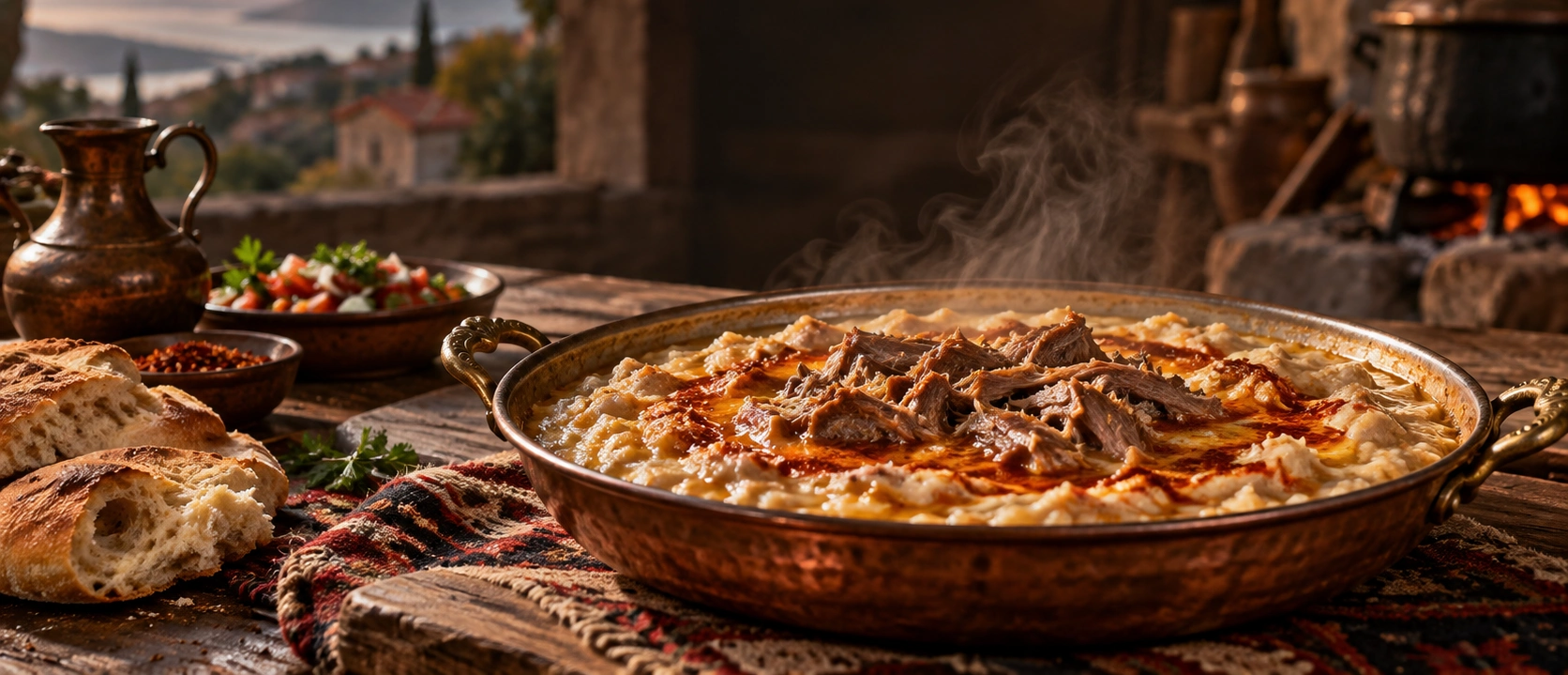 Traditional Balıkesir keşkek made with wheat and lamb and finished with butter and pepper