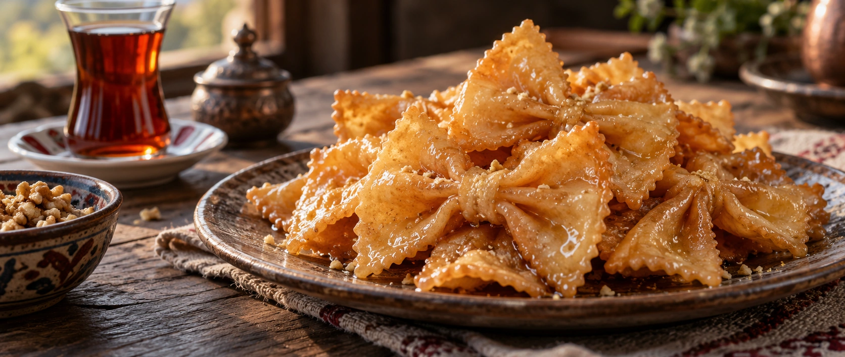 Traditional Balıkesir Mafiş Tatlısı bow-shaped fried pastry with syrup
