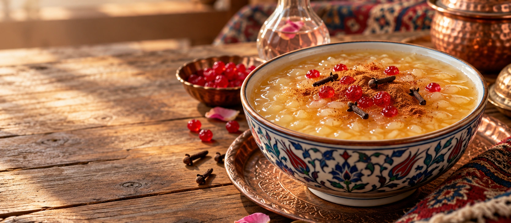 Traditional Balıkesir zerde rice dessert with rose water cinnamon and red loğusa sugar