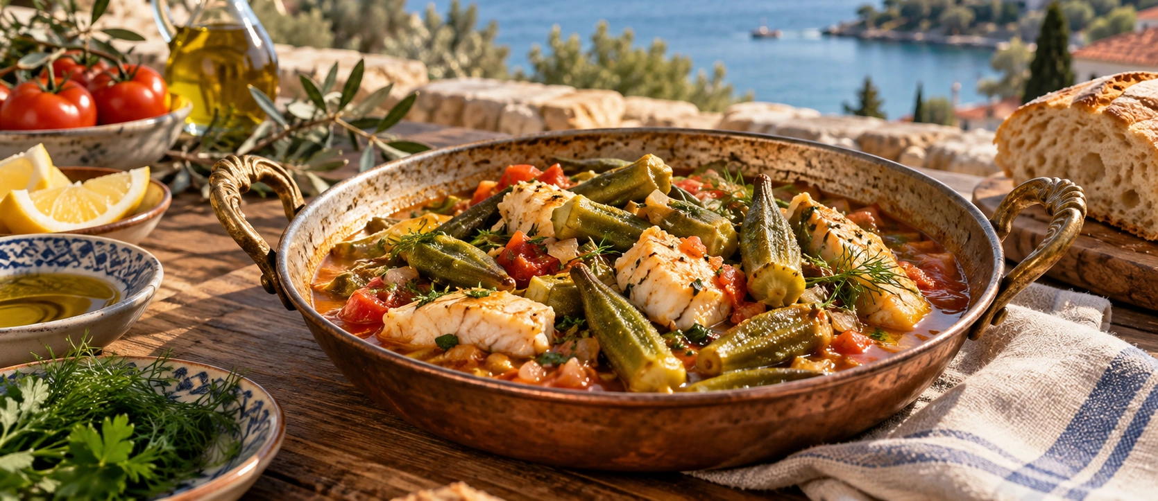 Traditional Balıkesir Balıklı Bamya with white fish fresh okra tomato lemon and olive oil
