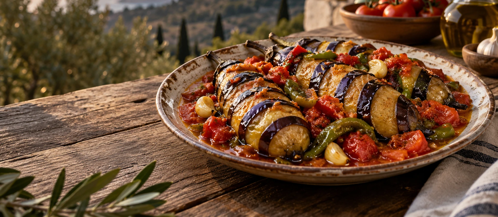 Traditional Bergama Cigirtmasi with whole spiral cut eggplants peppers garlic and tomato