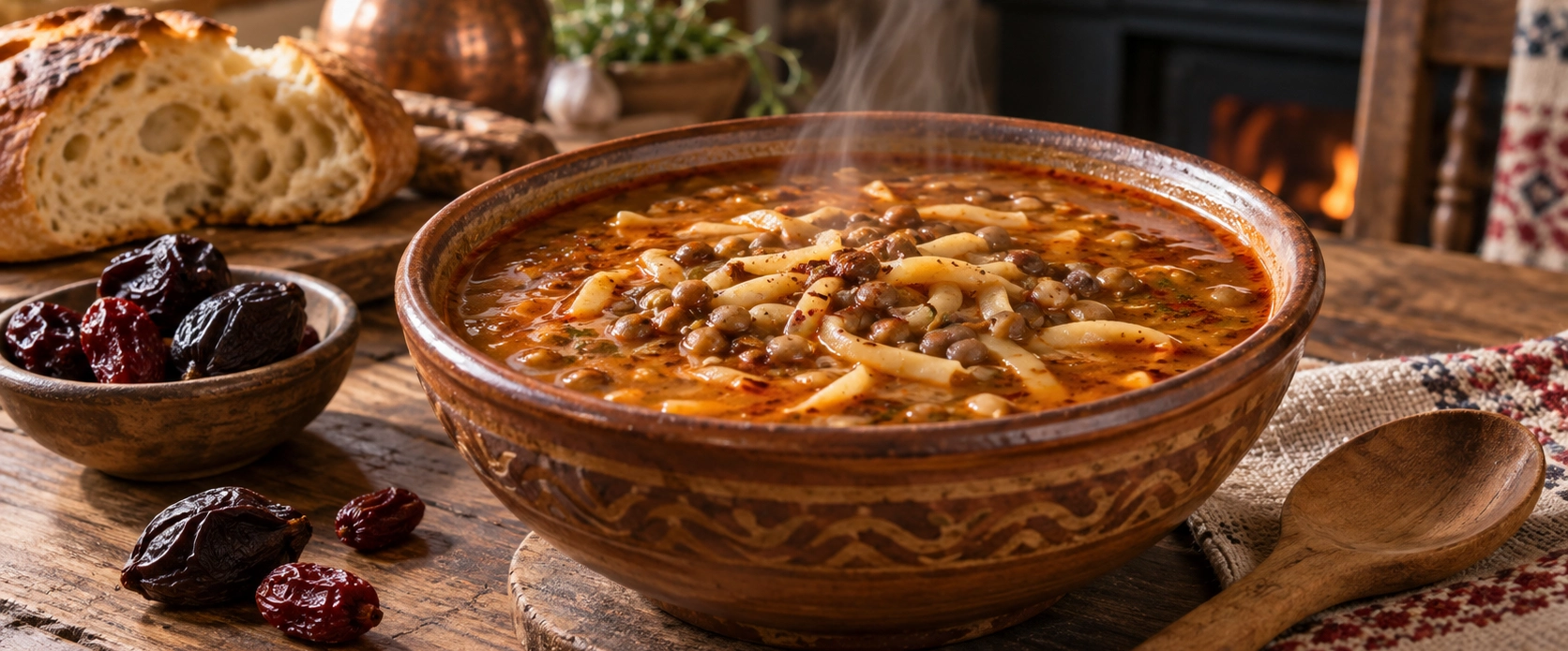 Traditional Bilecik Eksili Kesme Corbasi with green lentils noodles sour plum and cornelian cherry