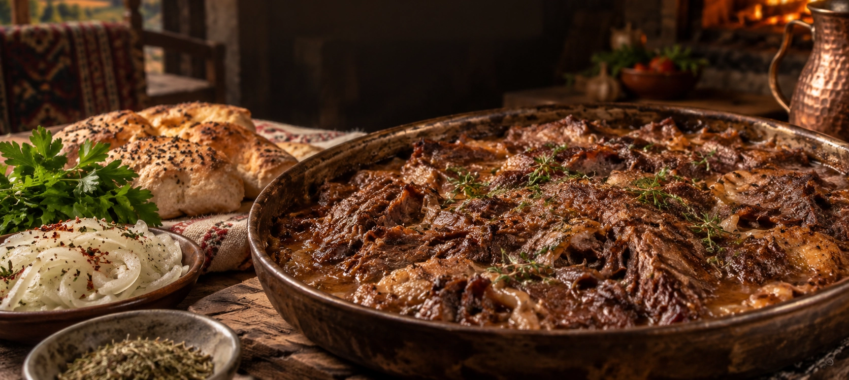 Traditional Bilecik Firin Kebabi slow cooked beef served hot from the oven