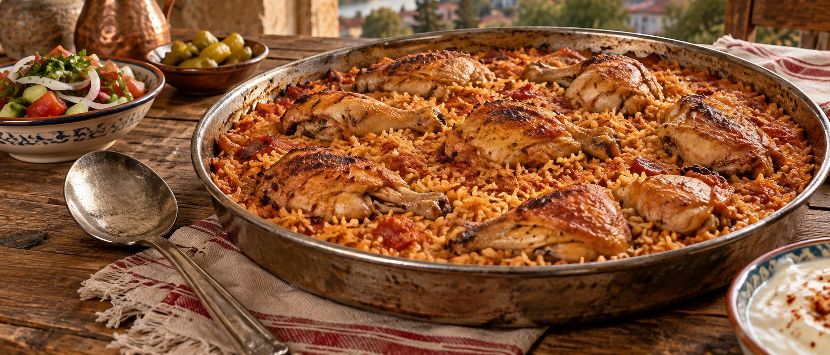 Traditional Bilecik Huris Tepsi with chicken rice onions tomato paste and red pepper