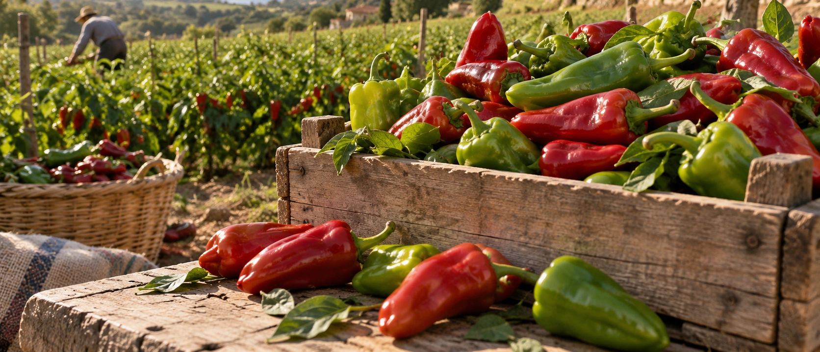 Fresh green and red Bilecik Kamber peppers with round glossy fruit