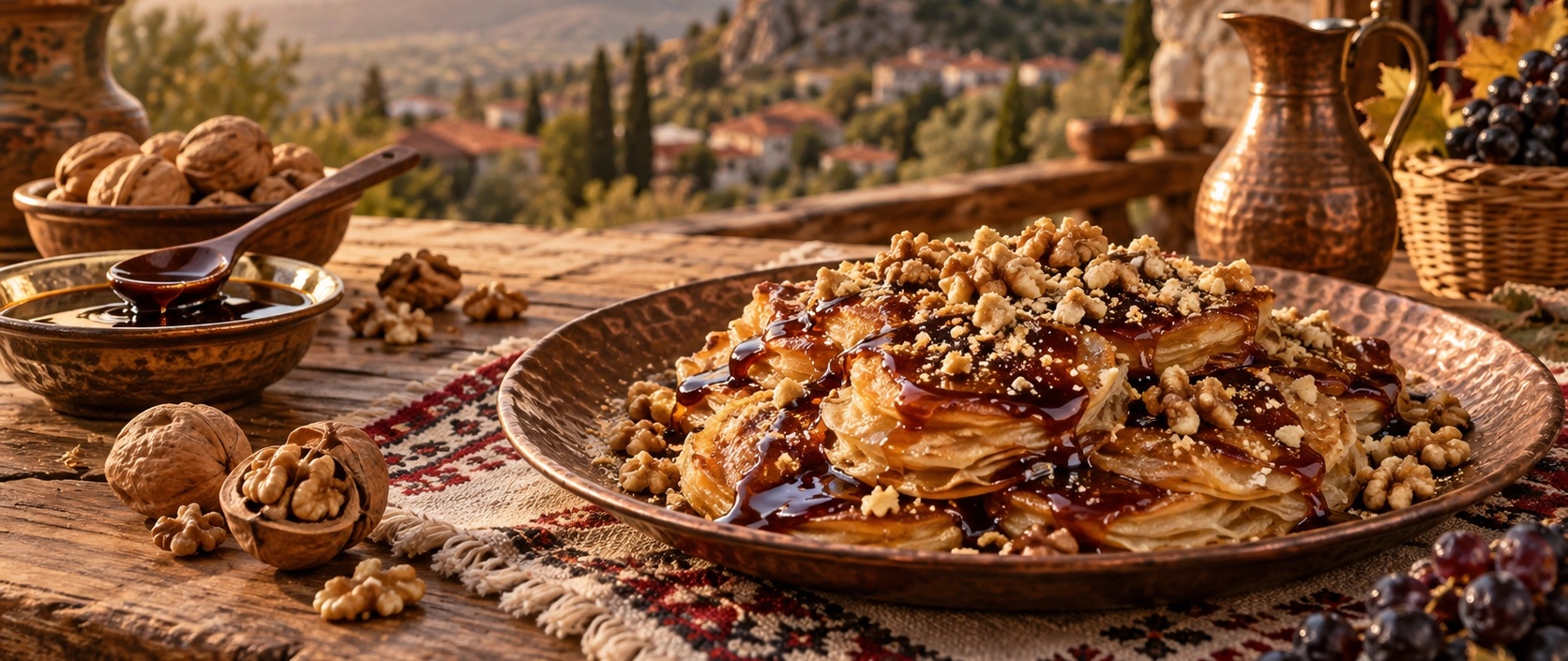 Traditional Bilecik Linga dessert with molasses walnuts and thin cooked batter