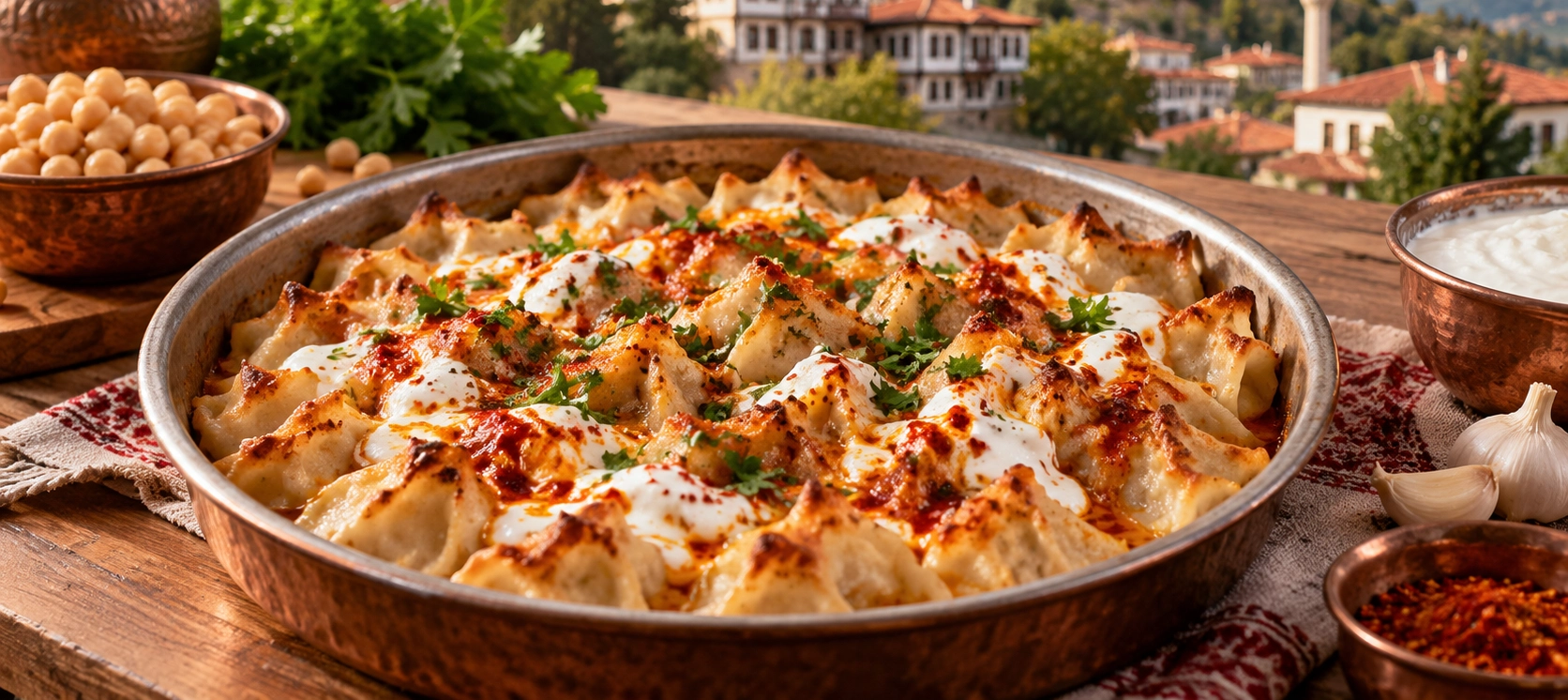 Traditional Bilecik Nohutlu Manti with garlic yogurt and red butter sauce