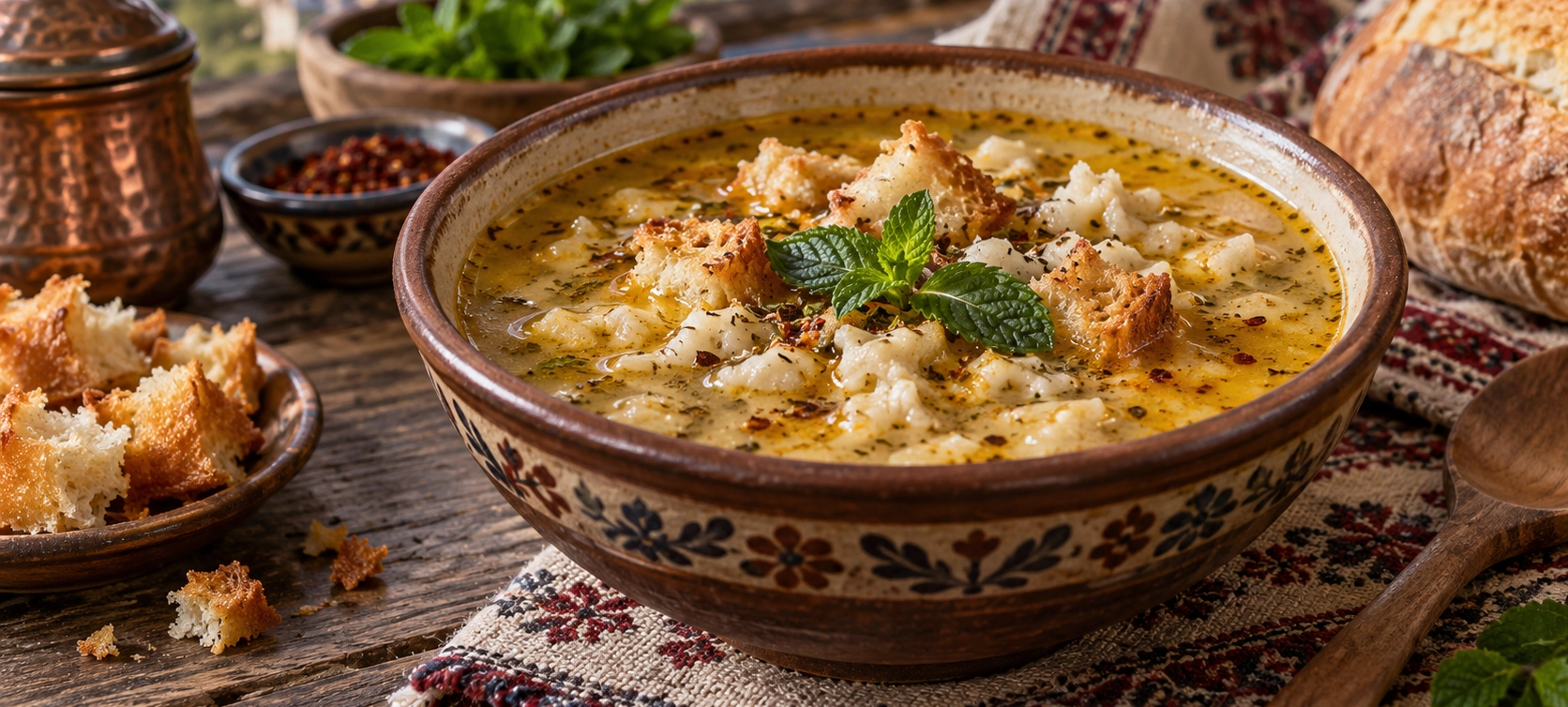 Traditional Bilecik Ovmac Soup with handmade dough pieces mint and crisp bread
