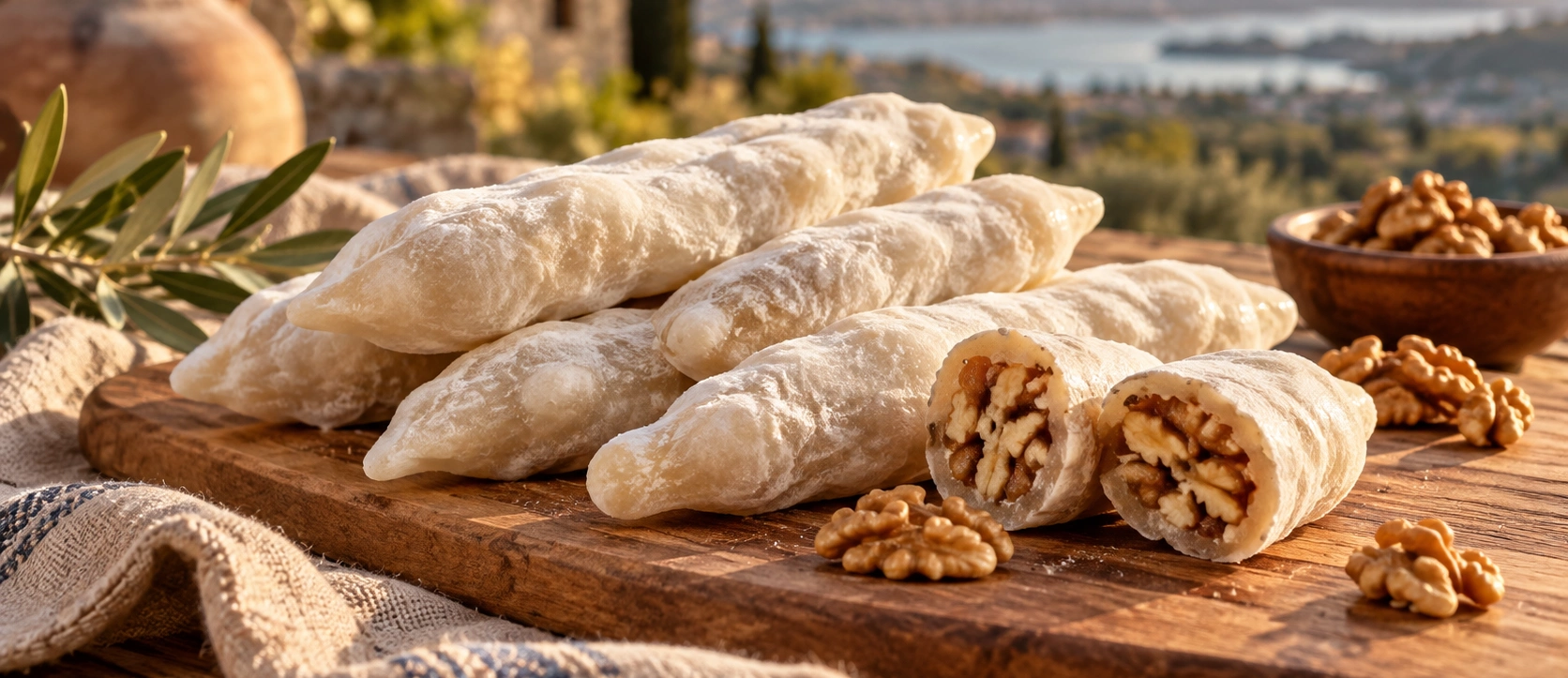 Traditional Bozdoğan Cevizli Sucuğu cream-white walnut confection from Aydın Türkiye
