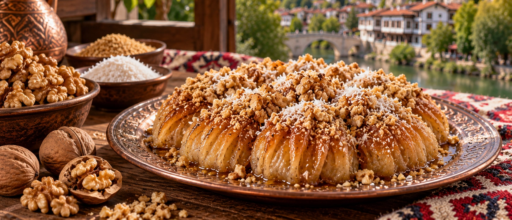 Bilecik Cevizli Büzme Tatlısı with walnut-filled gathered pastry, sesame and coconut