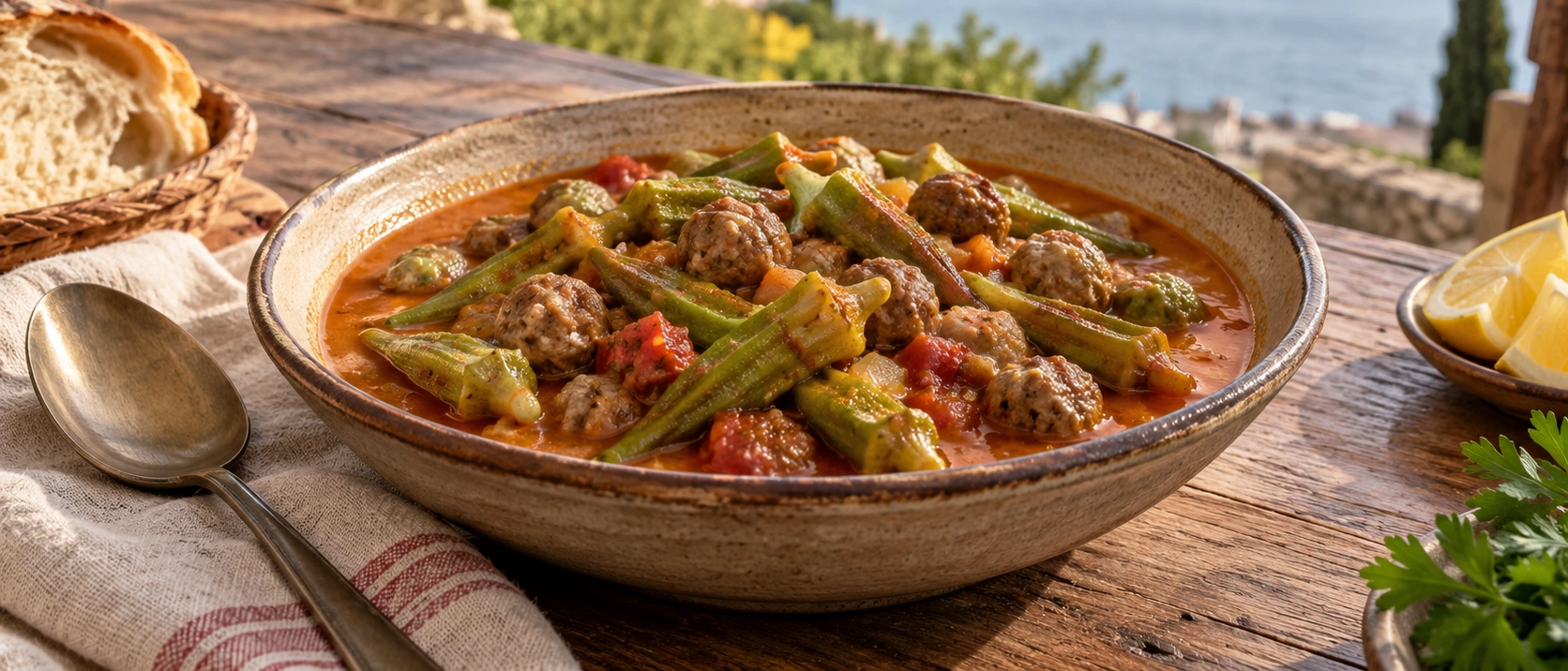Traditional Yalova Ekşili Köfteli Bamya with okra and miniature meatballs