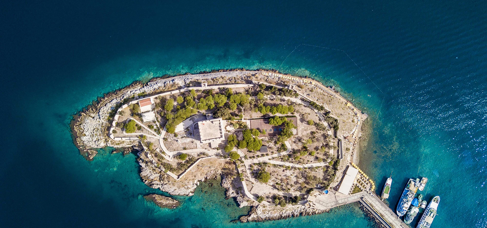 Güvercinada Castle on Pigeon Island overlooking the Aegean Sea in Kuşadası Türkiye