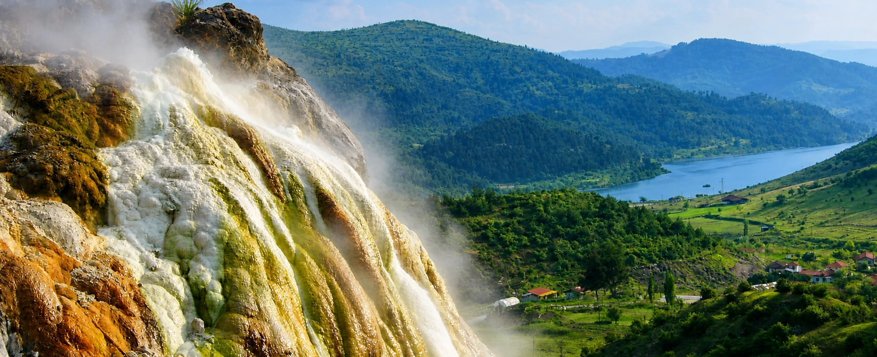 Hisaralan hot springs travertine towers geothermal landscape in Sindirgi Balikesir