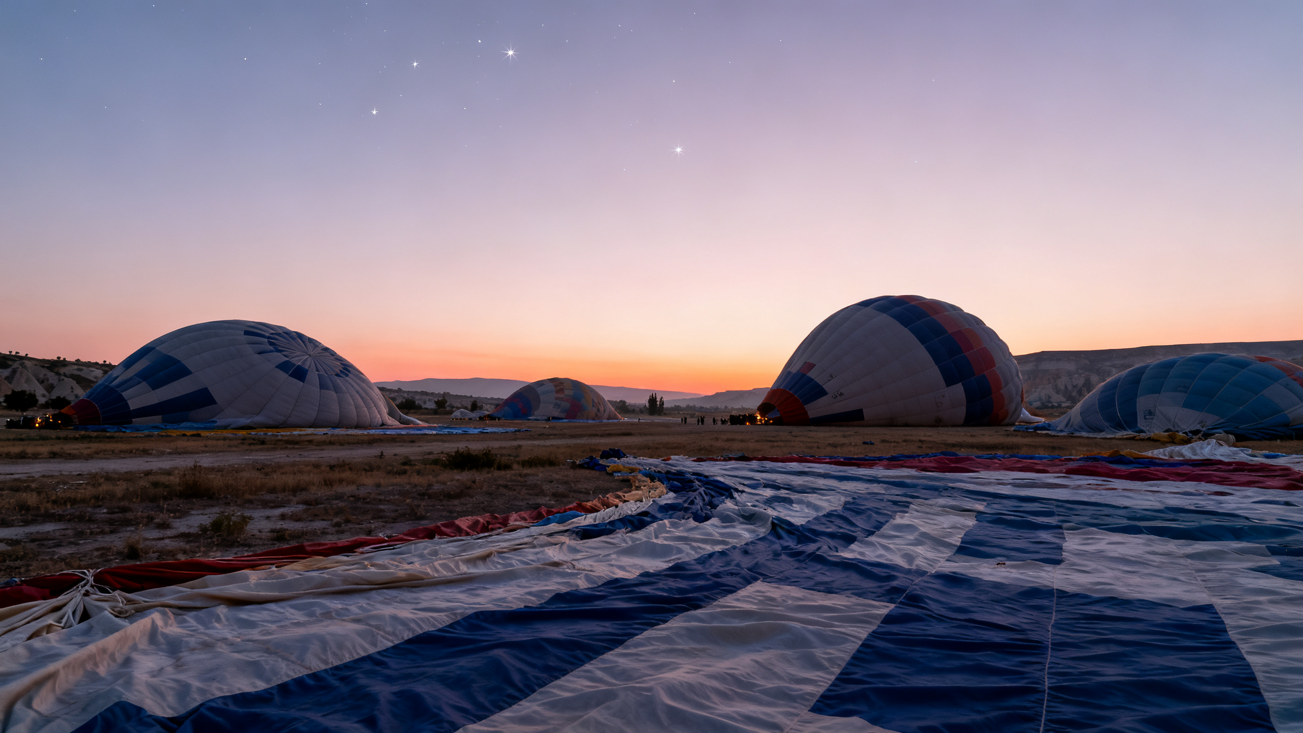 Hot air balloon inflation before comfort flight in Cappadocia