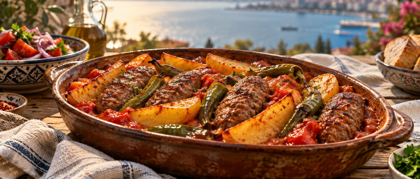 Traditional Izmir kofte with meatballs potatoes peppers and tomato sauce