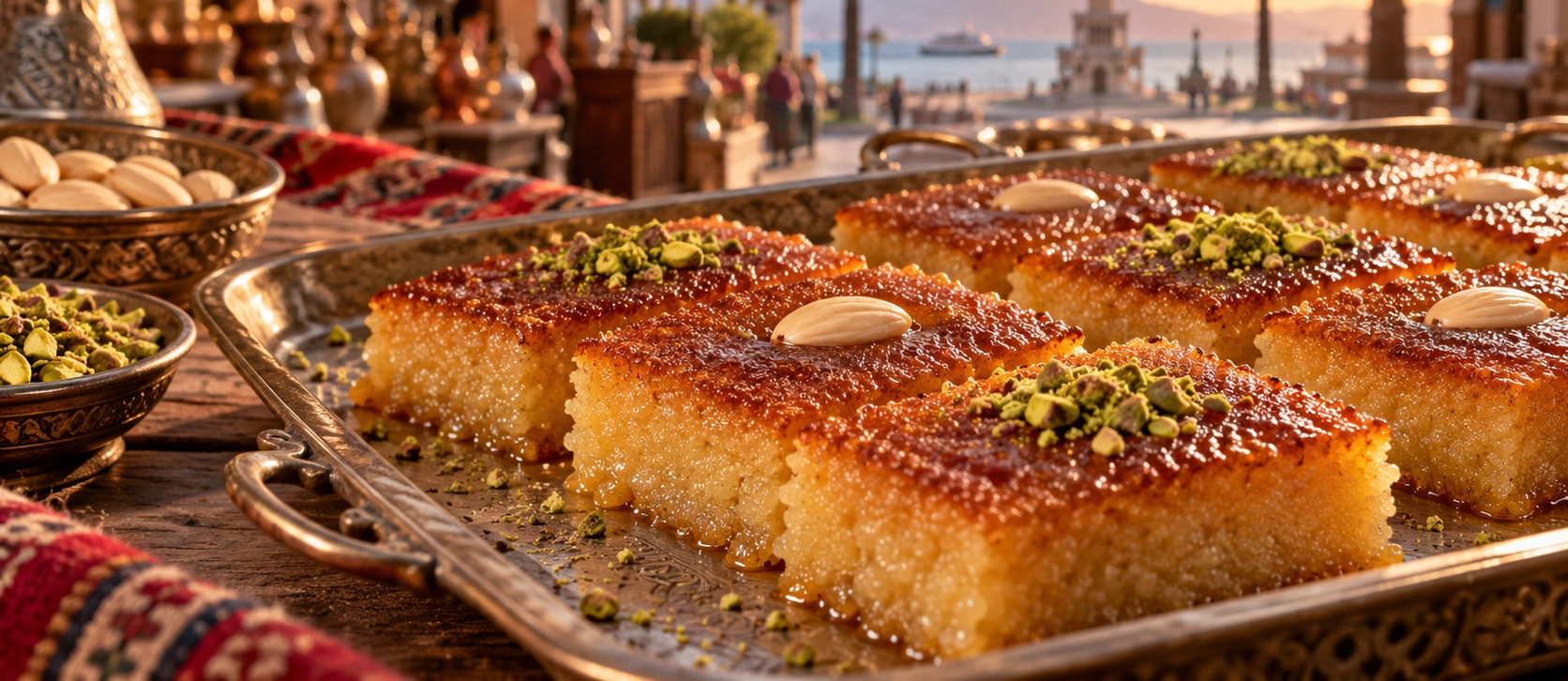 Traditional Izmir Sambali semolina syrup dessert cut into rectangular portions