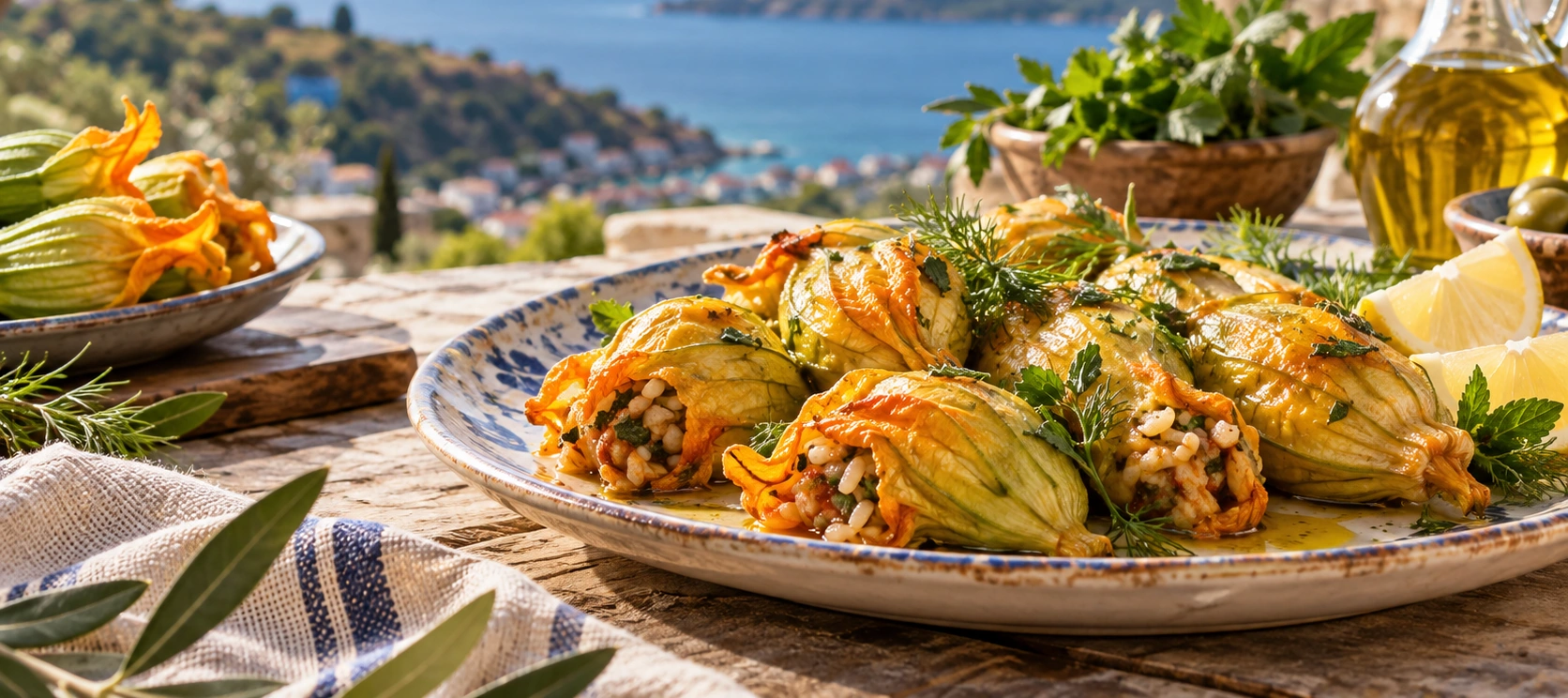 Traditional Balıkesir kabak çiçeği dolması stuffed zucchini blossoms with rice herbs and olive oil