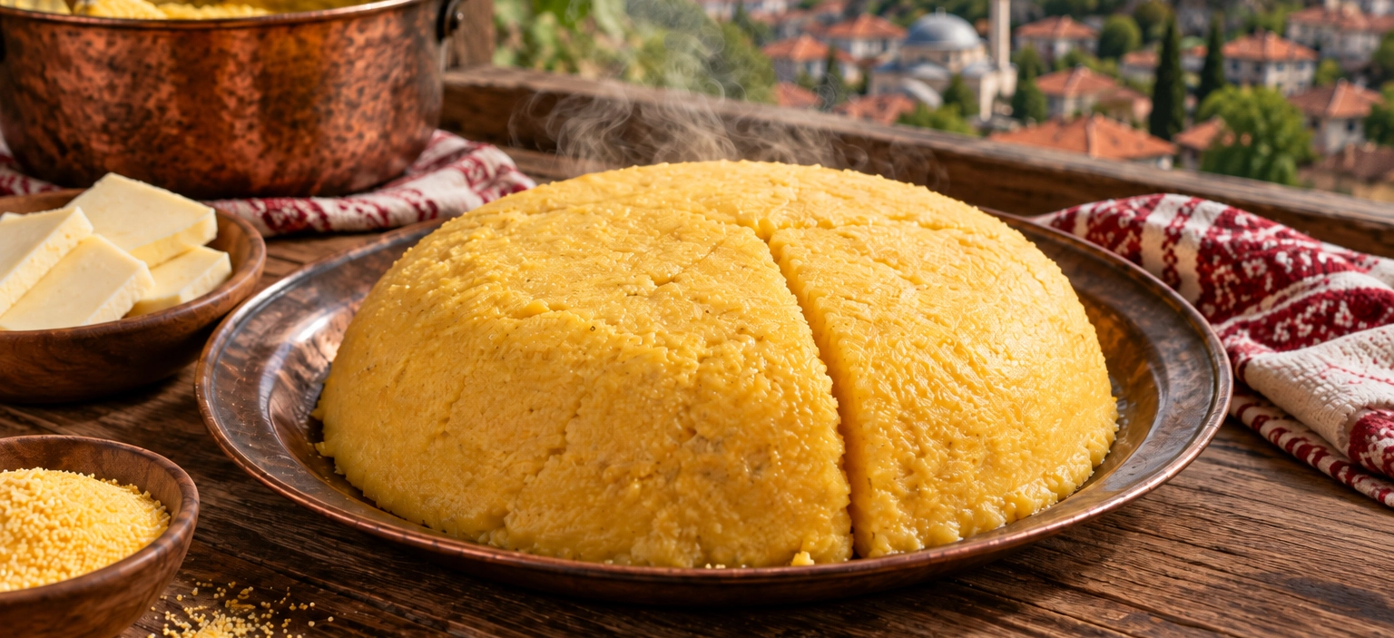 Traditional Bilecik Kaçamak cornmeal dish served after being cut into portions