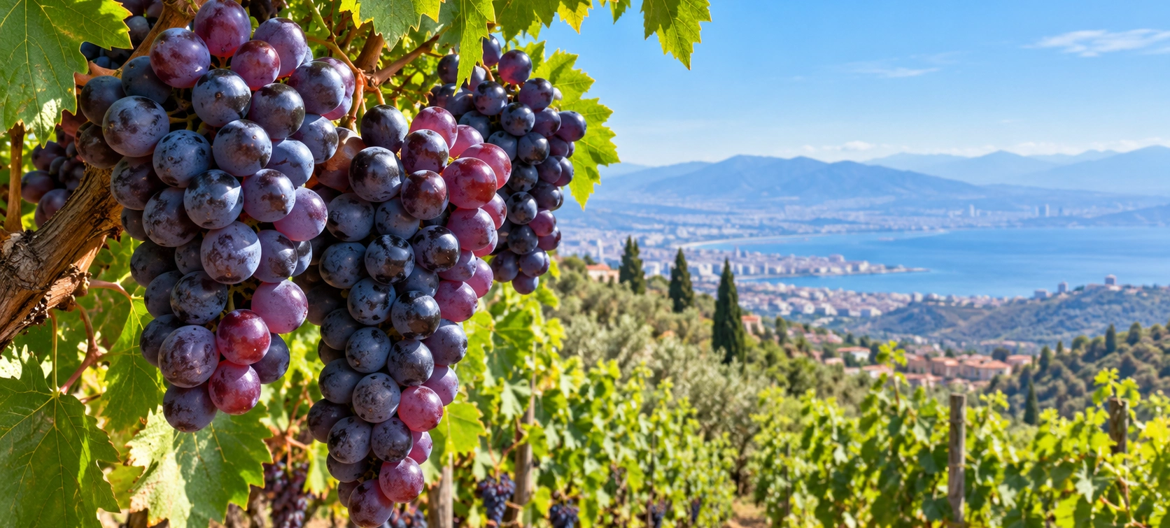 Dark purple Kavacik grapes growing in a mountain vineyard near Izmir Turkey