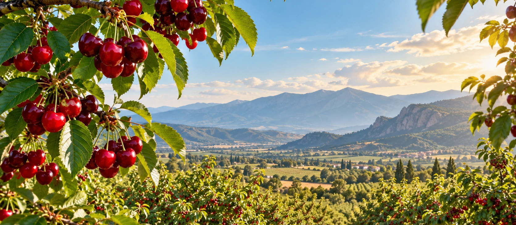 Ripe red Kemalpasa cherries growing in an orchard in Izmir Turkey