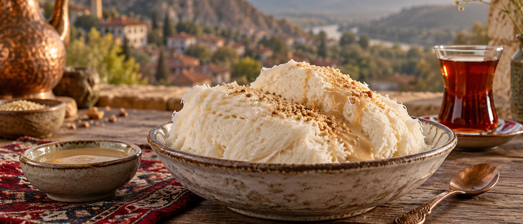 Traditional Bilecik kopuk helvasi white foamy sweet served with tahini