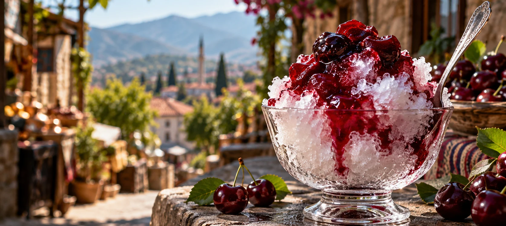 Traditional Nazilli Snow Halva prepared with sour cherry syrup