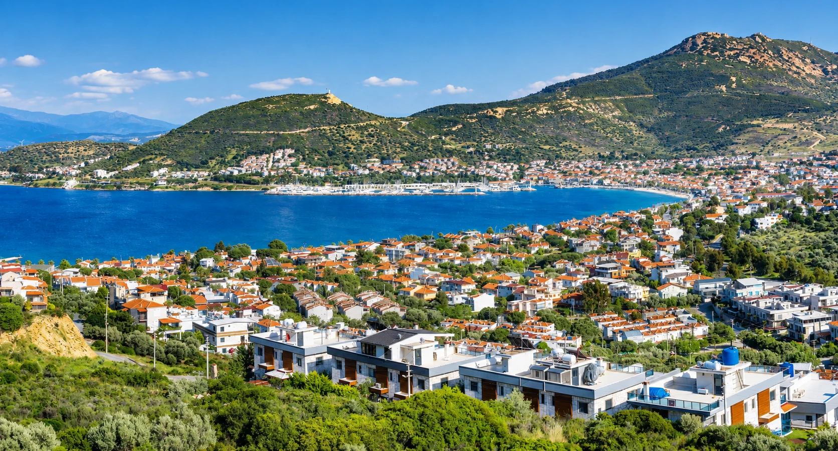 New Foca Yeni Foca Izmir waterfront beach historic houses and Aegean coastline Turkey