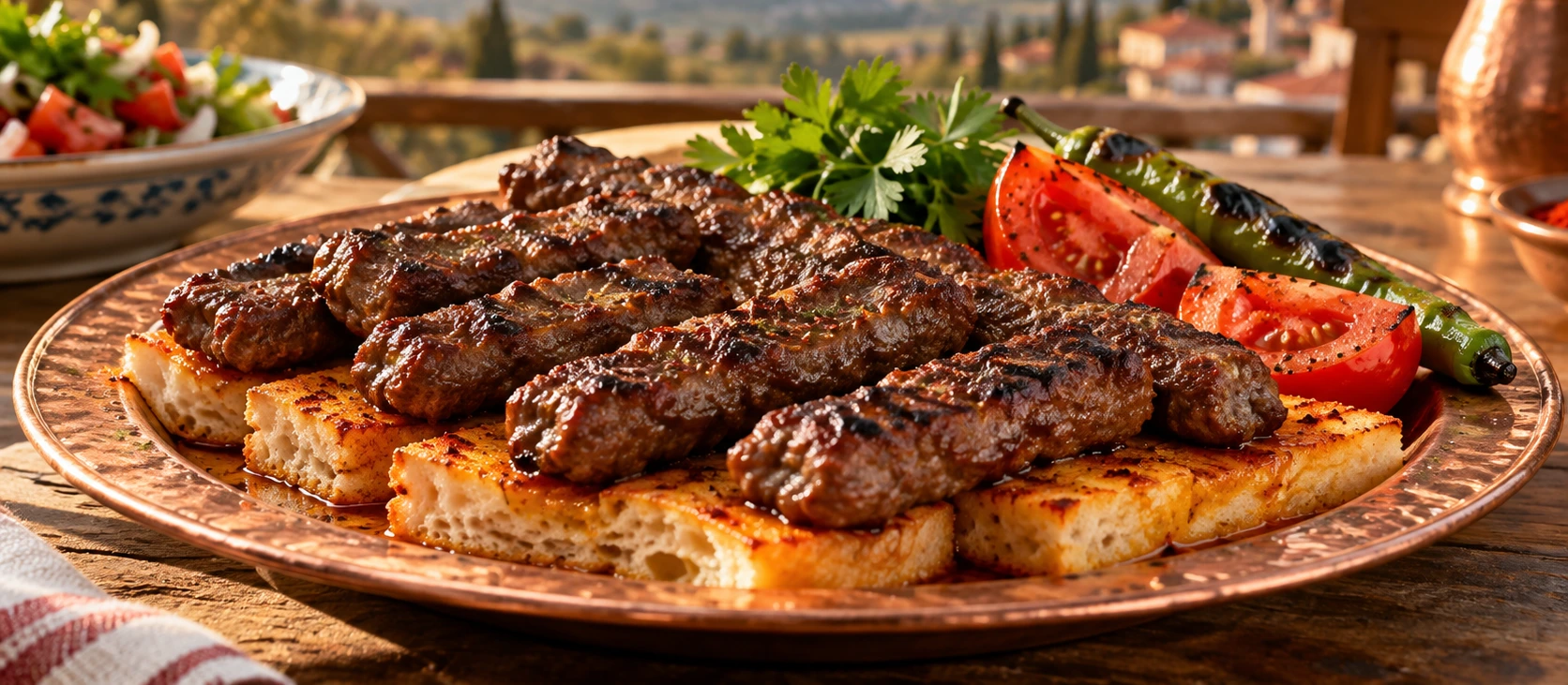 Traditional Odemis Kofte served with buttered red pepper bread tomato and grilled pepper
