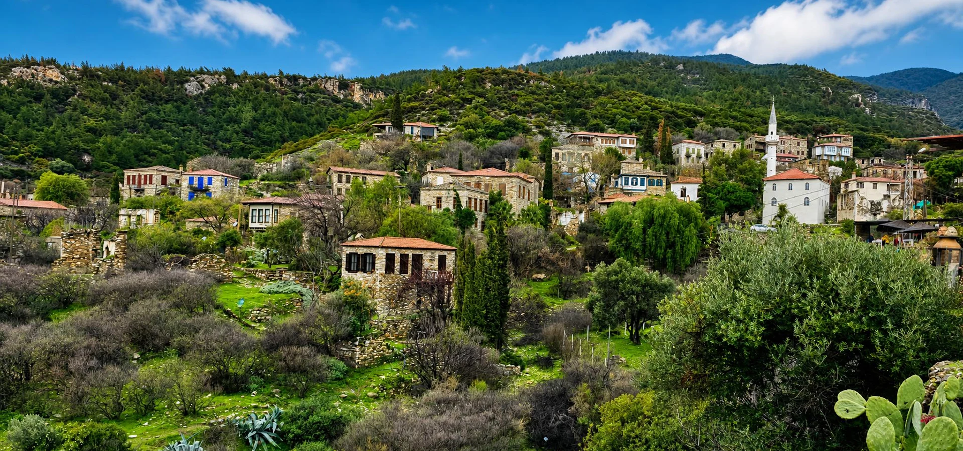 Historic stone houses and narrow streets of Old Doğanbey Village near Söke in Aydın Türkiye
