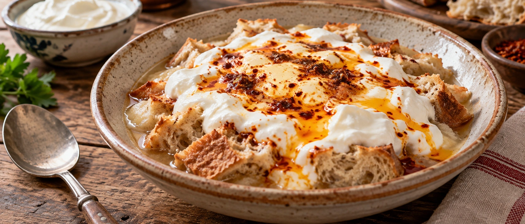 Traditional Yalova Papara with bread, yogurt, butter and red pepper sauce