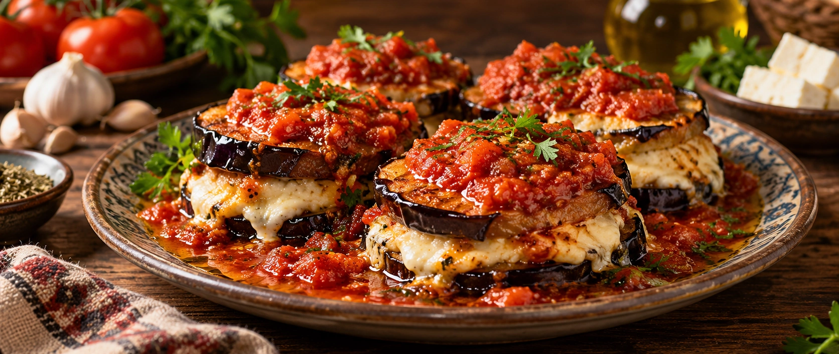 Traditional Balıkesir Peynirli Patlıcan with fried eggplant local cheese and garlic tomato sauce