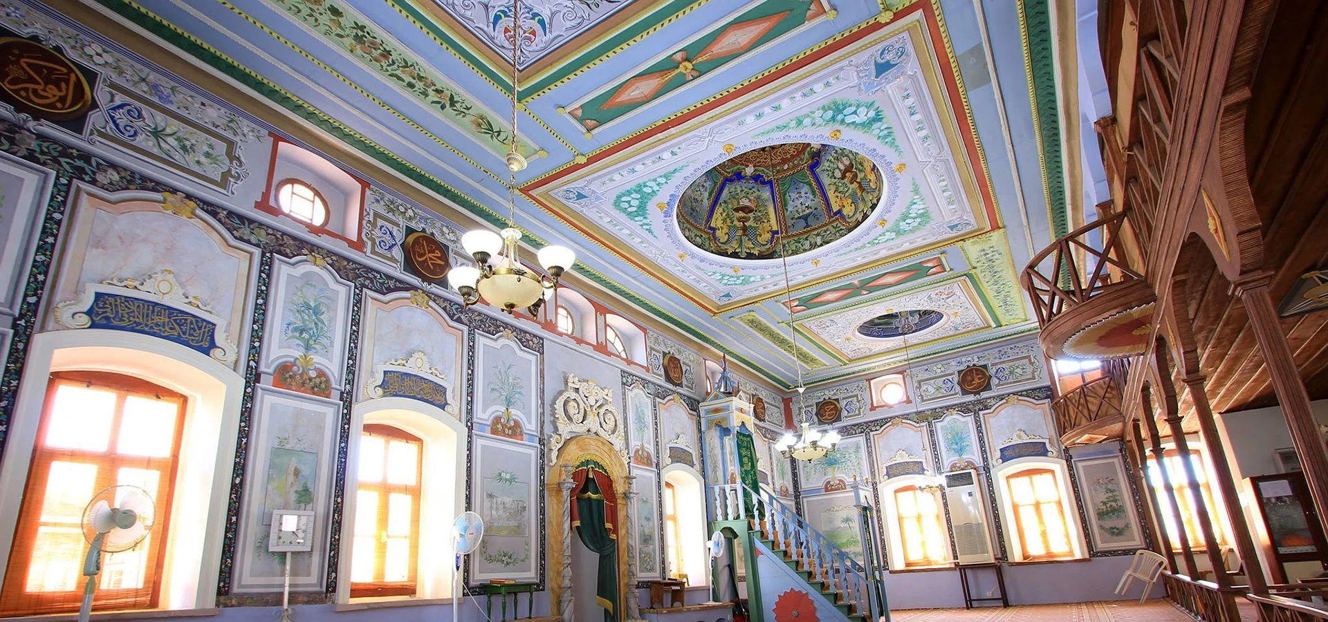 Sahinler Village Mosque Burhaniye Ottoman wall paintings landscapes Medina and Istanbul panorama