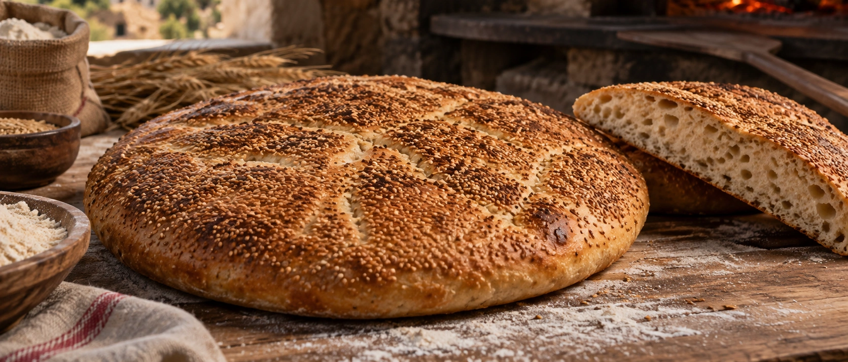 Traditional Savaştepe Sarıbeyler Seferberlik Çöreği covered with sesame